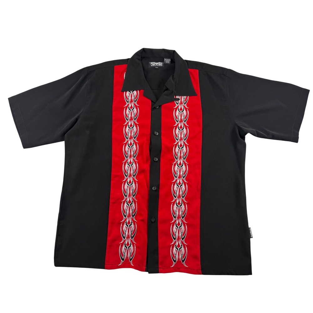 Vintage Dragonfly Clothing Co Tribal Flame Bowling Shirt Black Red XXL Y2K Biker